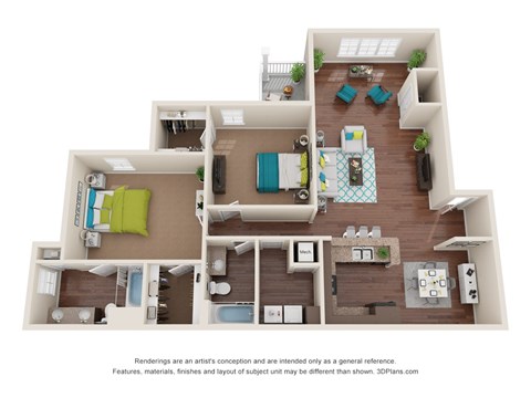 Floor plan for 2 beds, 2 baths, 1377 sqft